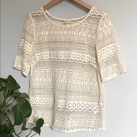 H&M Boho Lace Crochet Top Sheer Cream Short Sleeve - Picture 1 of 6